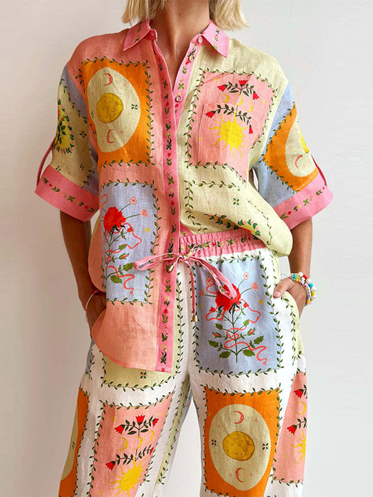 Mode col rabattu imprimé haut pantalon costume femmes à manches courtes simple boutonnage haut à lacets pantalon ensemble dame été Chic ensembles