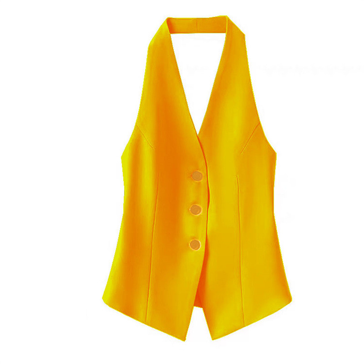 Gilet de costume pour femme, court, col licou, noir, sans manches, dos nu, boutonné, chic et élégant