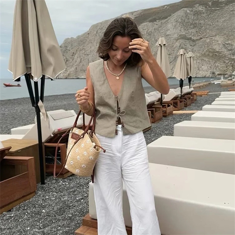MUJER perles gilet sans manches femme col en V noir recadrée gilet femmes veste attachée manteaux courts gilet femmes mode gilets 2025