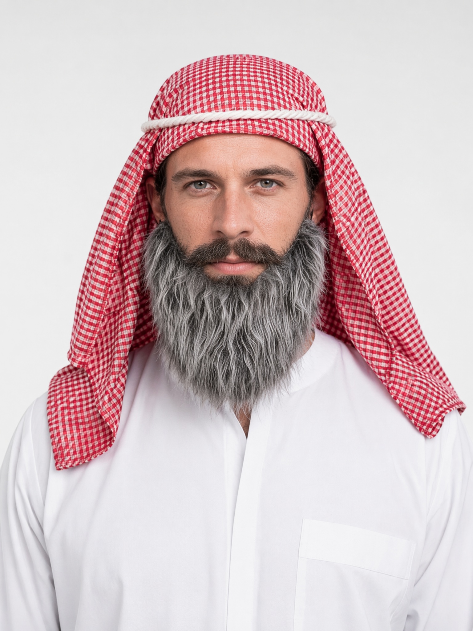 Ensemble de costume arabe pour homme, foulard Keffiyeh à carreaux rouge et blanc + fausse barbe grise, kit d'accessoires de cosplay pour Halloween, fête, carnaval