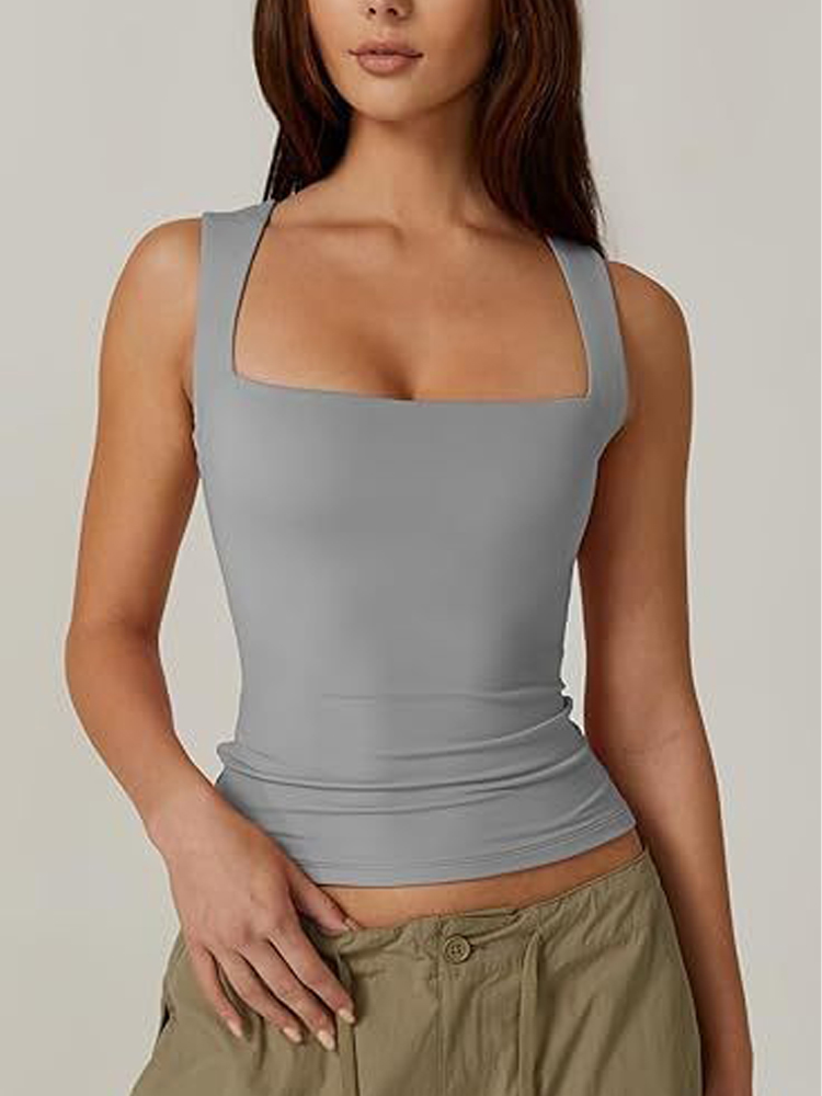 Gilet d'été à manches courtes pour femmes, col carré, coupe cintrée, mode Style de rue, vêtements de base sans manches pour filles chaudes