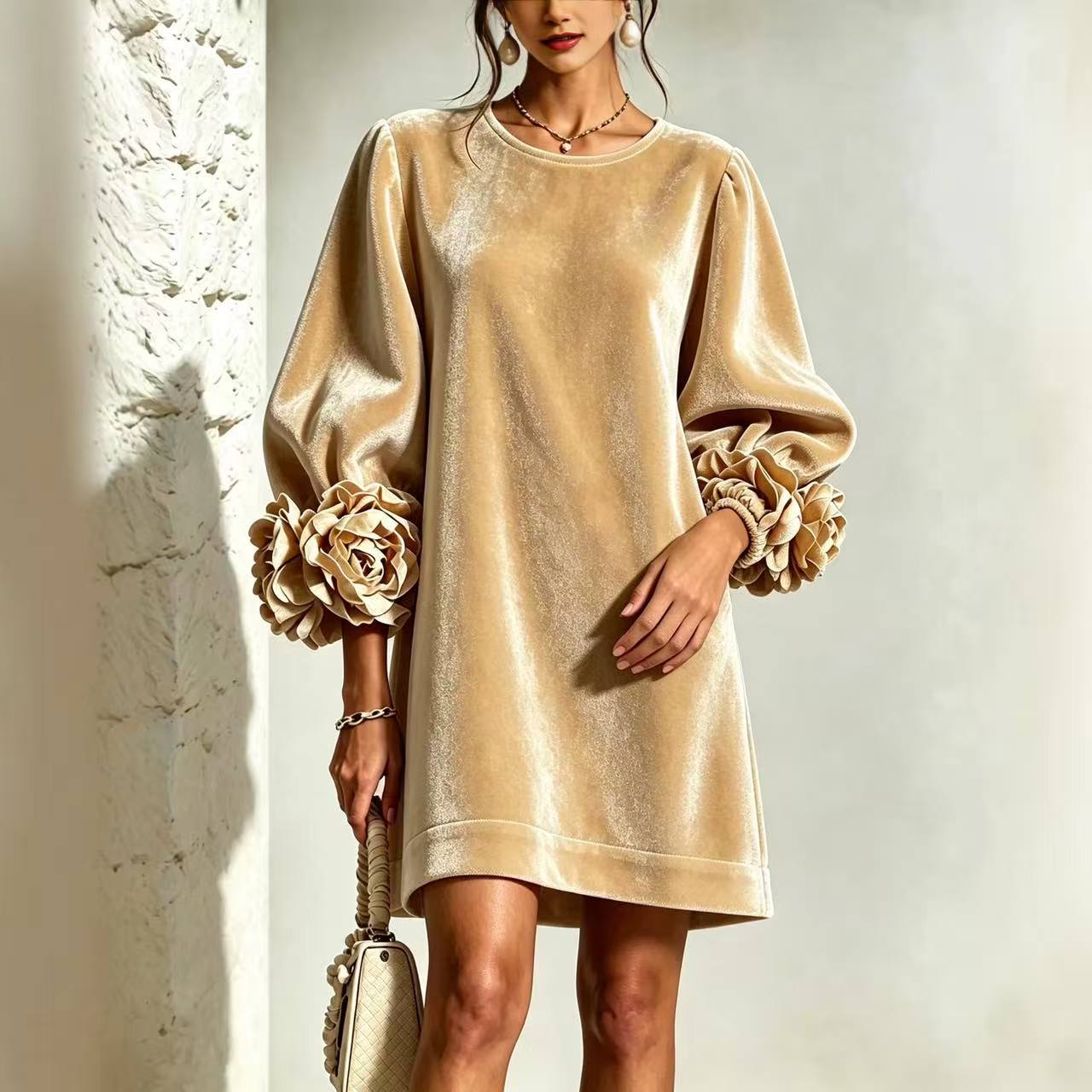 Nouvelle collection automne-hiver, robe en velours coréen pour femmes, robe à manches longues tendance avec manches à motifs floraux en relief 3D, idéale pour les soirées et le quotidien.
