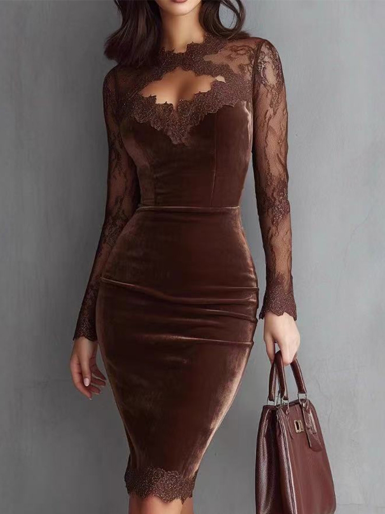 Robe moulante transparente en dentelle à col en V pour femme, manches longues, sexy, décontractée, taille cintrée, mi-longue, de luxe, de créateur