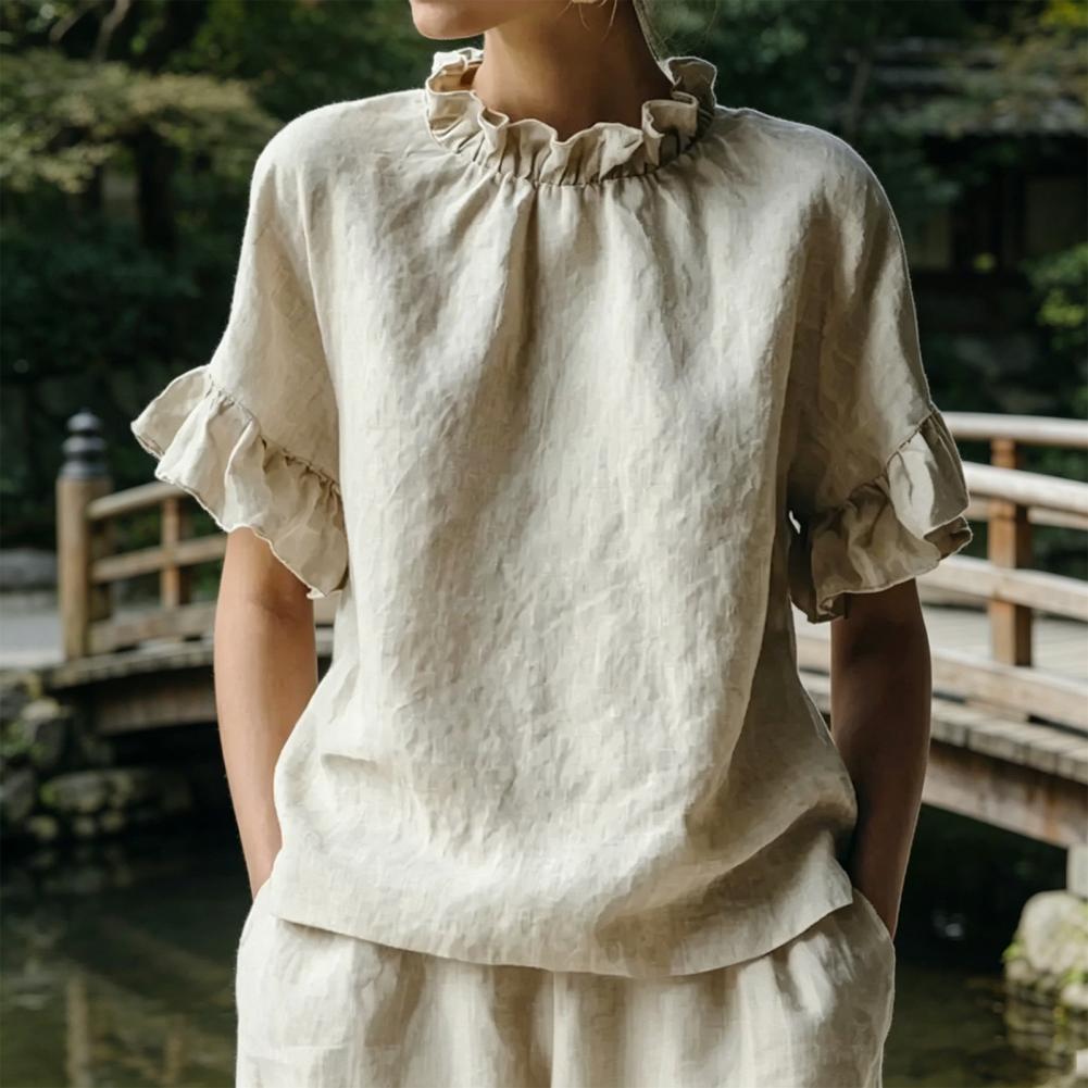 Chemisier pour femme couleur unie ample d'été à col rond et manches courtes avec design à volants, pull-over pour usage quotidien