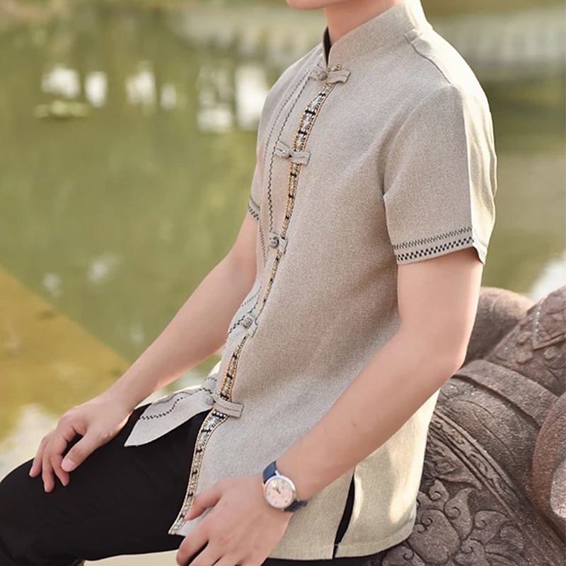 Chemises à col montant pour hommes, vêtements traditionnels Dai, hôtel, Restaurant, serveur, vêtements de travail, vêtements quotidiens, hauts ethniques vietnamiens thaïlandais