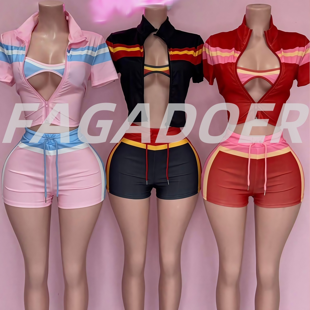 FAGADOER mode 2 pièces ensembles femme tenues couleur bloc manches longues veste + débardeur et short survêtements femme Streetwear