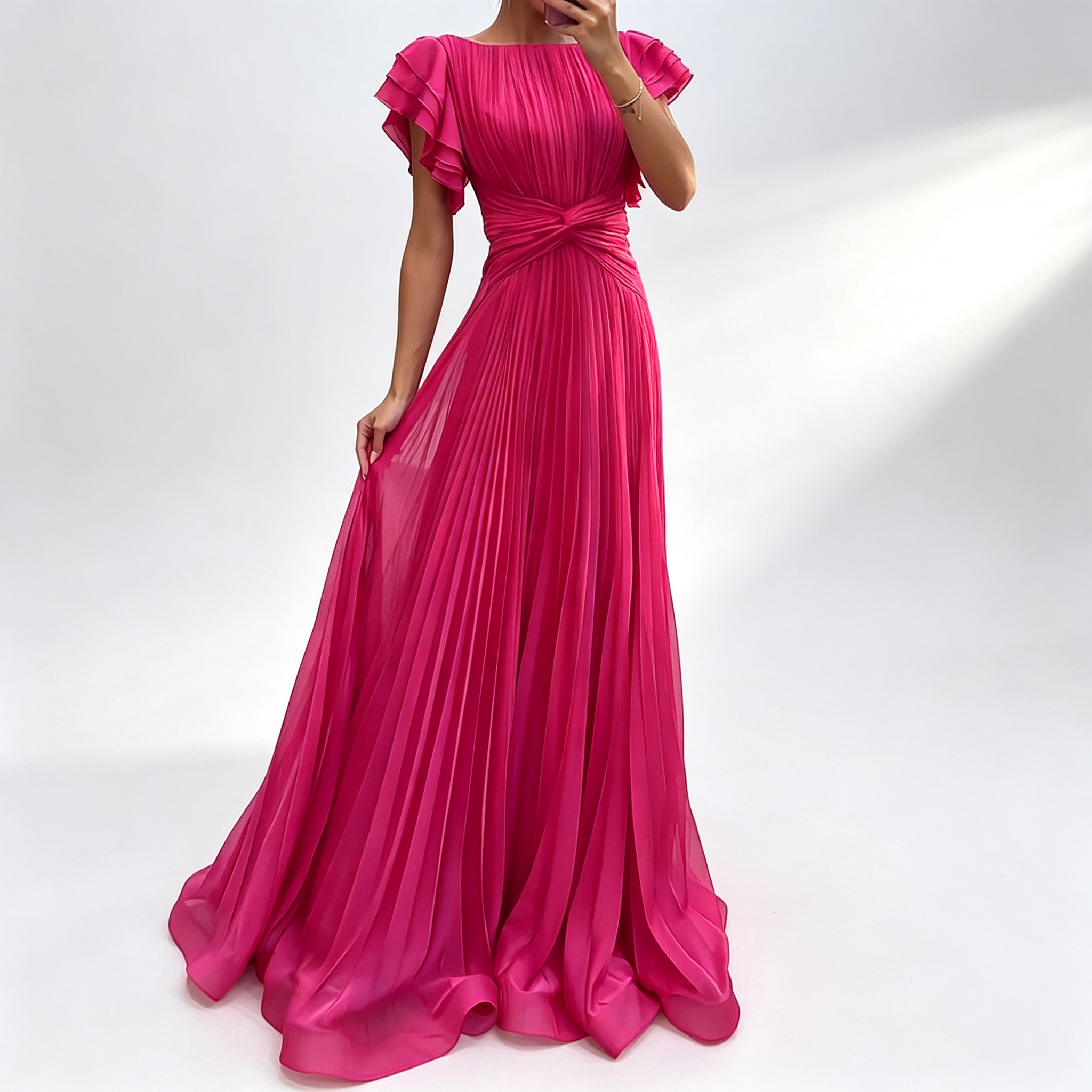 Robe de soirée élégante pour invitées de mariage, longue, coupe trapèze, à manches courtes, plissée, épaules dénudées, maxi, rose fuchsia uni