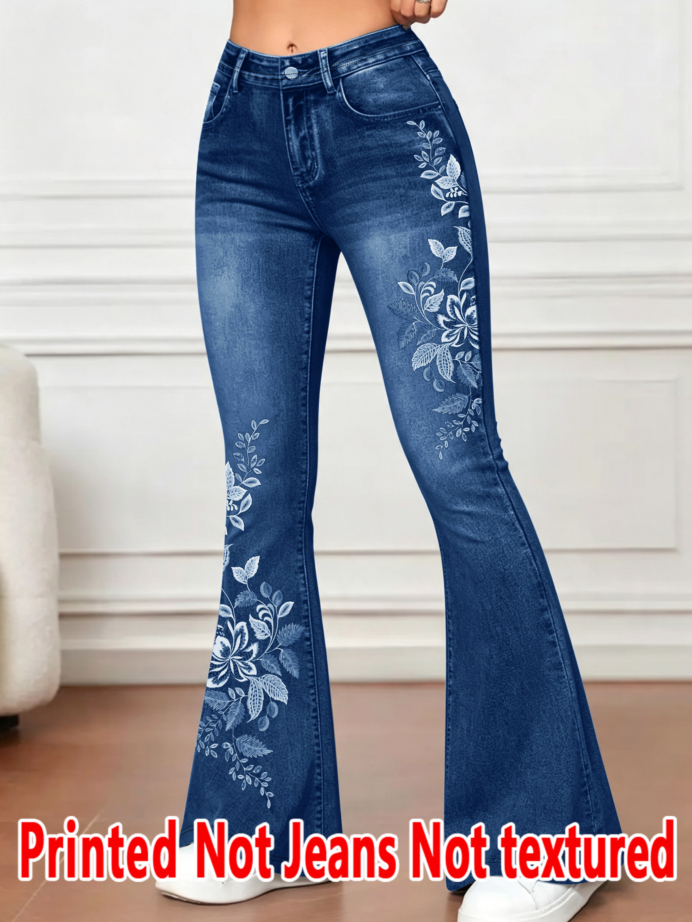 1583 [Pantalon imprimé - Non en tissu imitation jean] Effet imprimé 2D, Pantalon évasé imprimé - Non en tissu imitation jean