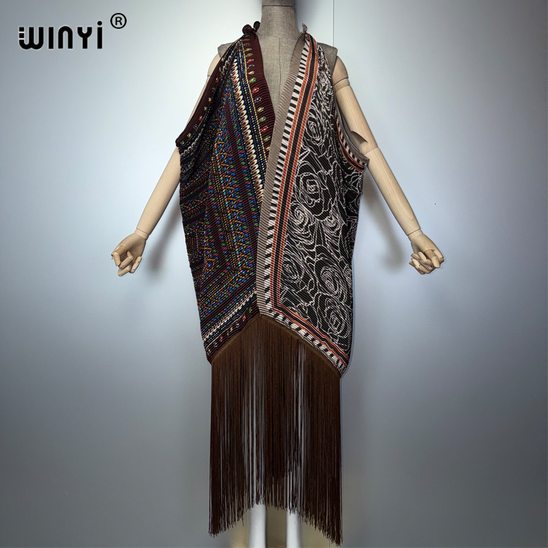 WINYI Cardigan plissé à franges pour femmes, imprimé bohème, robe de plage, caftan, vêtement de plage de luxe, abaya Dubaï