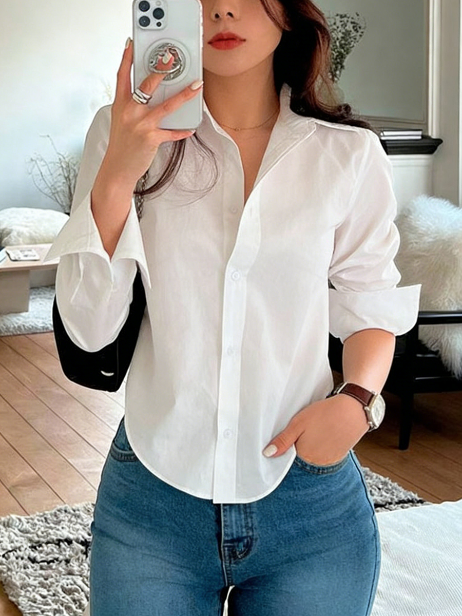 Chemise boutonnée pour femme à col chemise, manches longues, unie, tissée, coupe ample, légère, chic, pour le quotidien, printemps-été