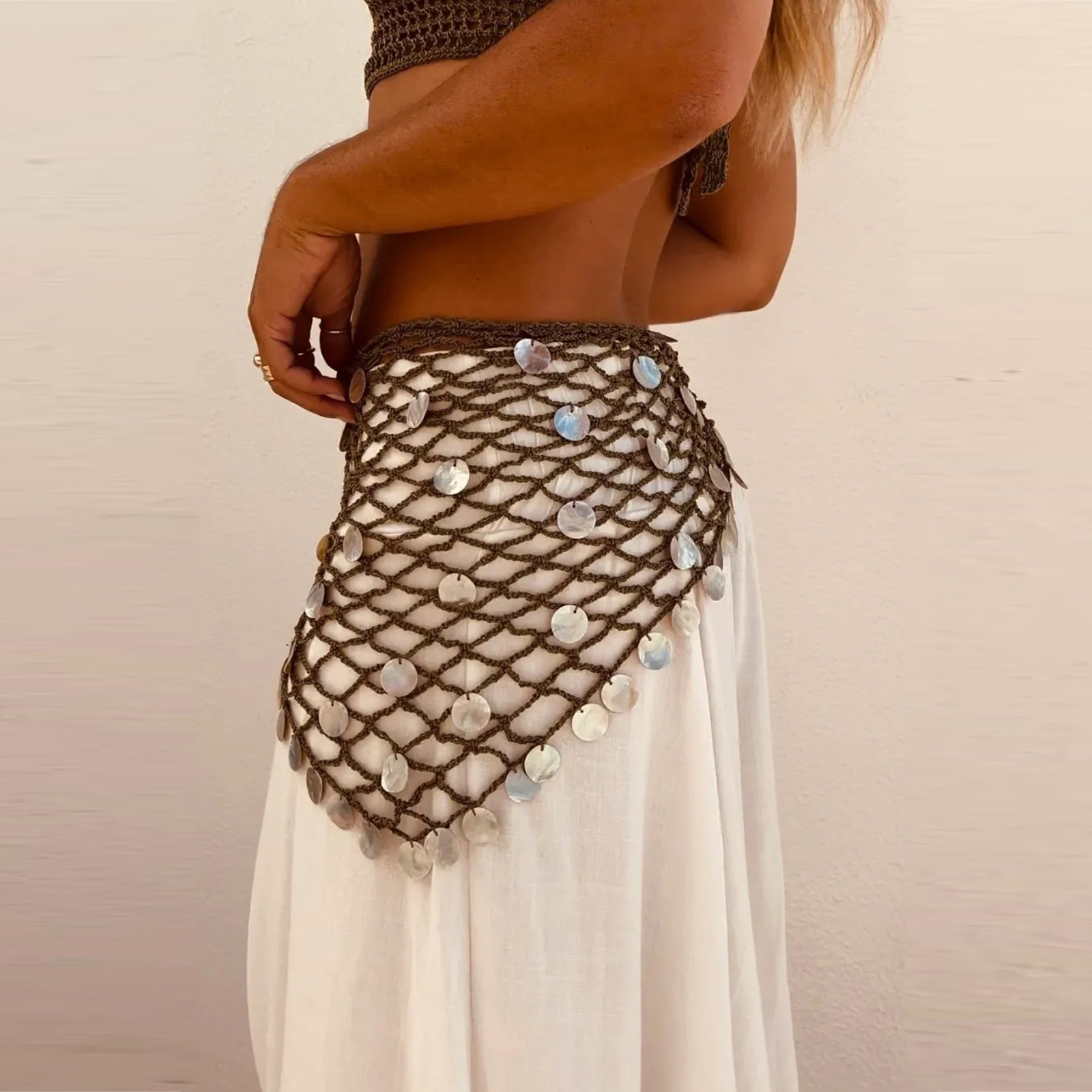 Foulard de hanche pour femme, jupe de danse orientale en résille à paillettes, jupe de danse de salon, mini-jupe de spectacle, jupe de plage tricotée irrégulière