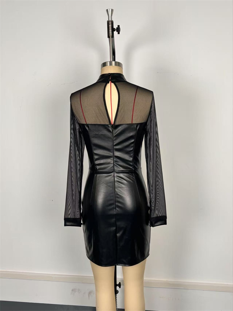 Robe moulante noire à manches longues pour femme, col montant, patchwork en PU et maille, mini-robe sexy taille haute, tenue de soirée