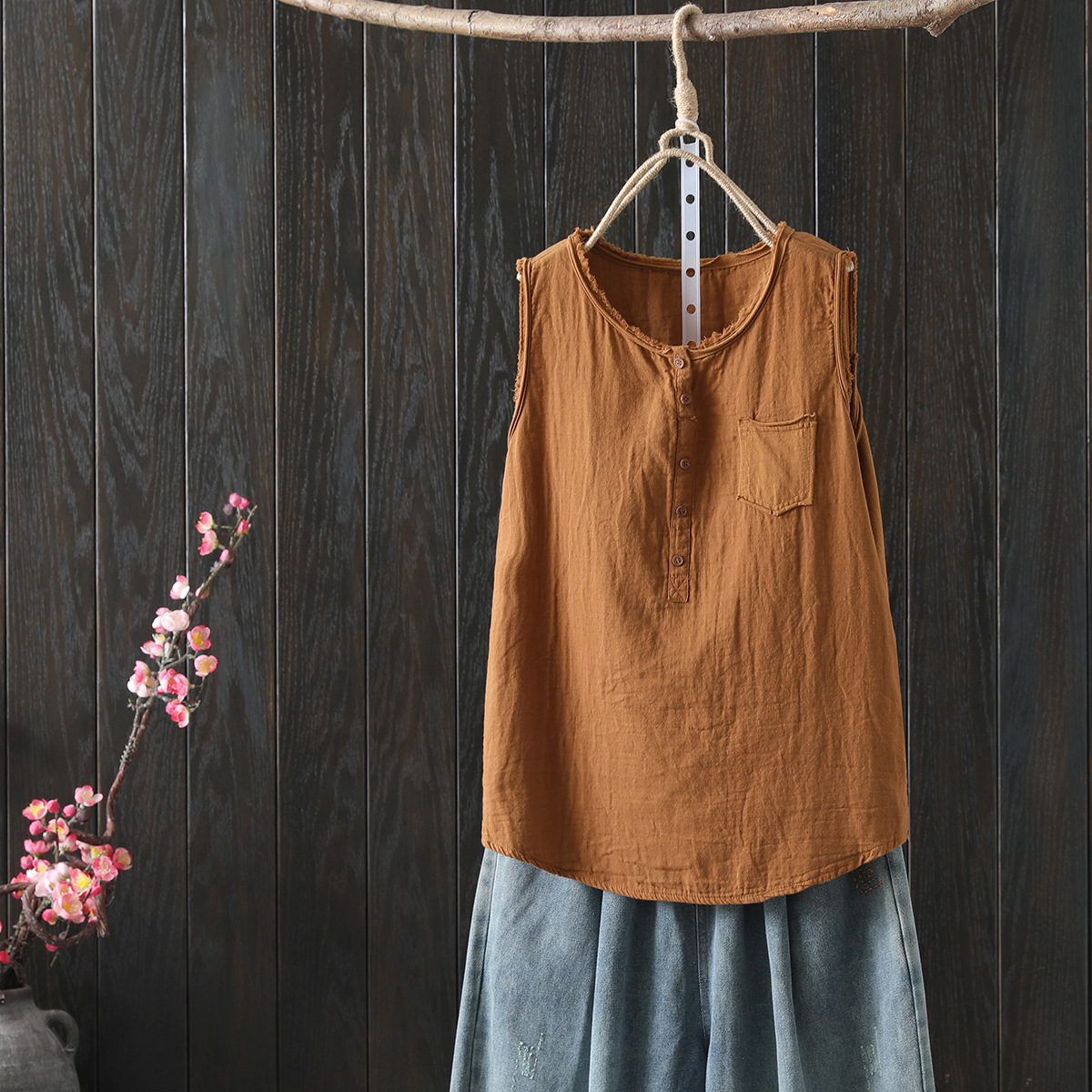 Débardeur en coton pour femmes, mode japonaise, T-Shirts amples sans manches, hauts Mori Girl, chemises décontractées boutonnées, été