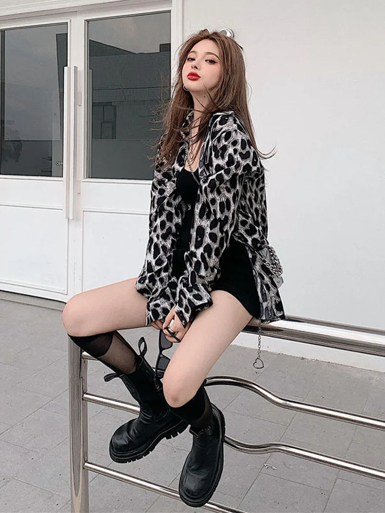 Chemise longue rétro à imprimé léopard pour femme, coupe ample oversize, style Y2K, mode coréenne, chemisier décontracté, streetwear, haut de printemps
