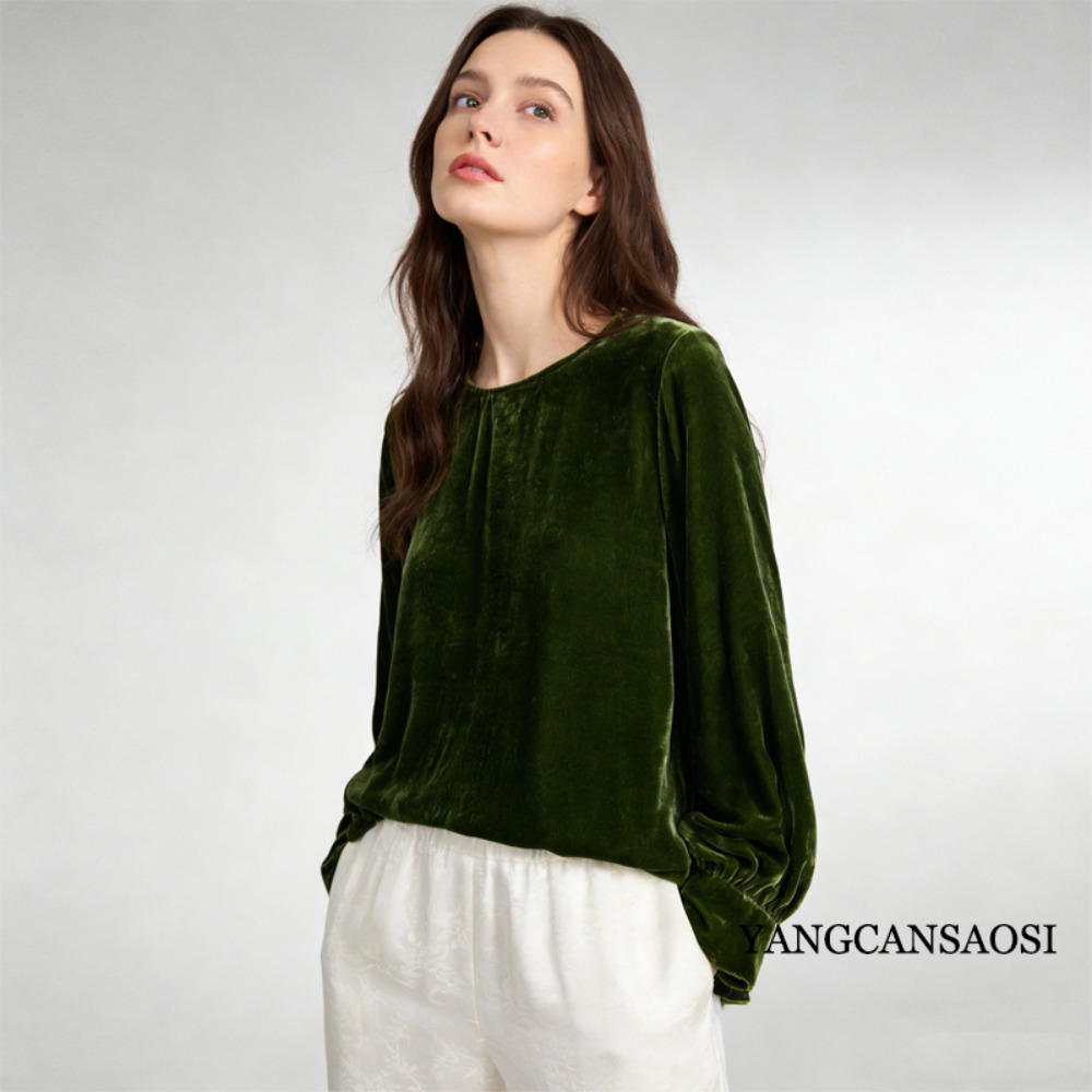 T-shirt à manches longues et col rond pour femme, vêtement polyvalent, en velours de soie de mûrier naturelle, couleur unie, nouvelle collection printemps 2022, 30%