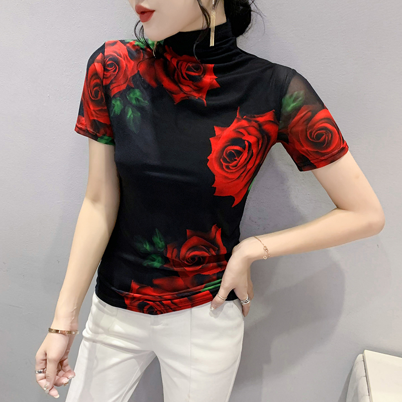 Taille S-3XL impression fixe maille t-shirts femmes col roulé mince à manches courtes t-shirts dame élégant extensible gaine florale haut T-Shirt