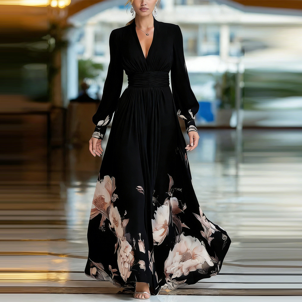 Robe longue décontractée en mousseline à manches lanternes pour femme, imprimé floral élégant, col en V sexy, taille haute, coupe évasée, collection Printemps-Été