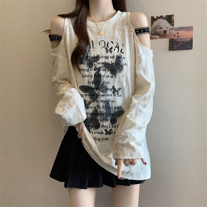 Femmes vêtements épaules dénudées ample imprimé lettre rue décontracté hauts printemps été à manches longues trou coréen t-shirts décontracté mode