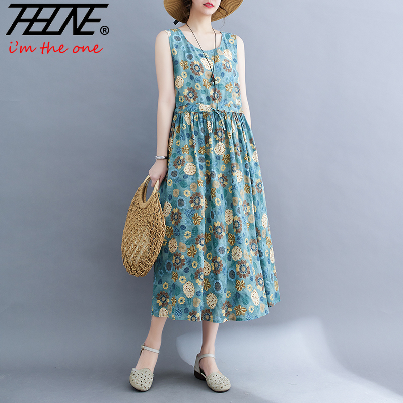 Robes De Mujer robe d'été pour femmes imprimé fleuri coton lin rétro nouveau pull sans manches a-ligne longue robe Maxi ample