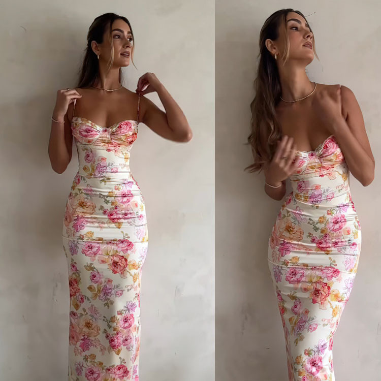 Robe longue à imprimé floral français, robe sexy sans bretelles pour femmes, robe d'été, tenue de plage, streetwear, tenue de vacances