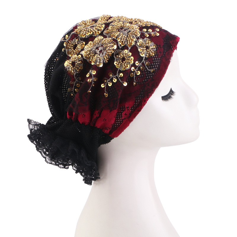 Turban en dentelle fleurie brodée pour femme, foulard musulman, bonnets, hijabs intérieurs prêts à porter