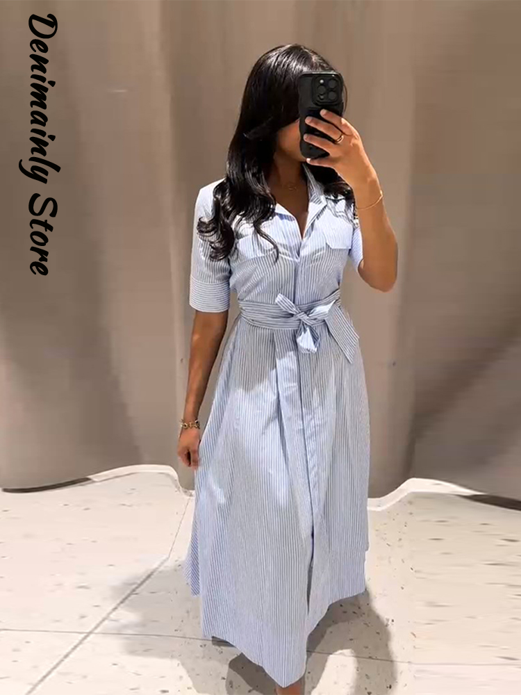 Robe longue décontractée à rayures pour femmes, style ceinture rabattable, simple boutonnage, mode d'été, tenue de bureau pour dames, 2025