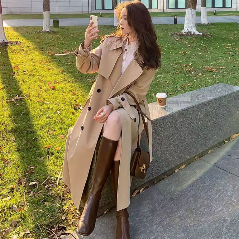 Nouvelle Trench-Coat Long Femme Automne 2026 – Style Coréen Décontracté et Élégant, Coupe Ample, Kaki et Noir, Veste Coupe-Vent pour Femme