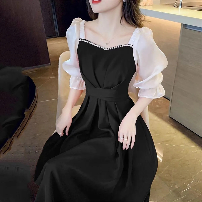 Robe Éducative à Manches Courtes et Col Carré pour Femme, Jupe Fine, Version Coréenne, Printemps Été 2024