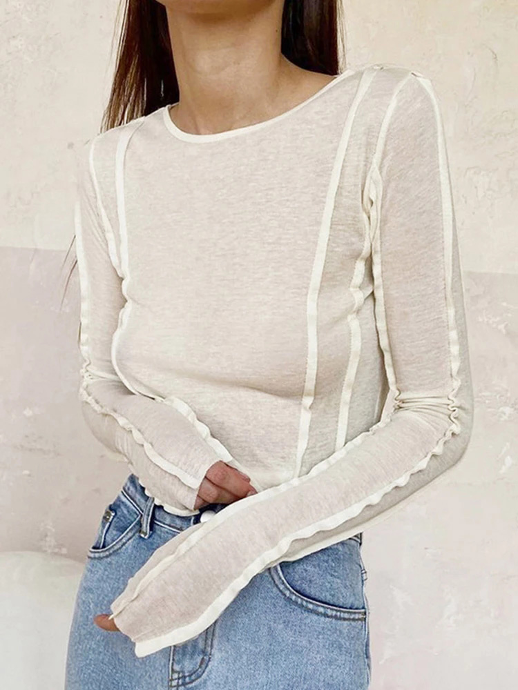T-shirt manches longues col rond femme, blanc, jaune, élégant, décontracté, slim, élastique, solide, automne, 2022