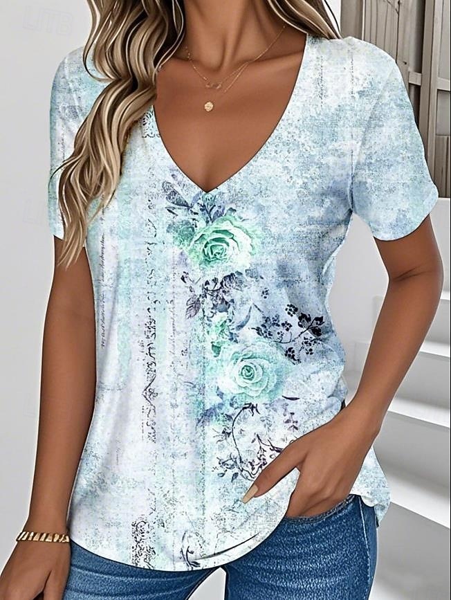T-shirt décontracté pour femmes style bohème, col en V, imprimé rose aquarelle vintage, ourlet incurvé, manches courtes