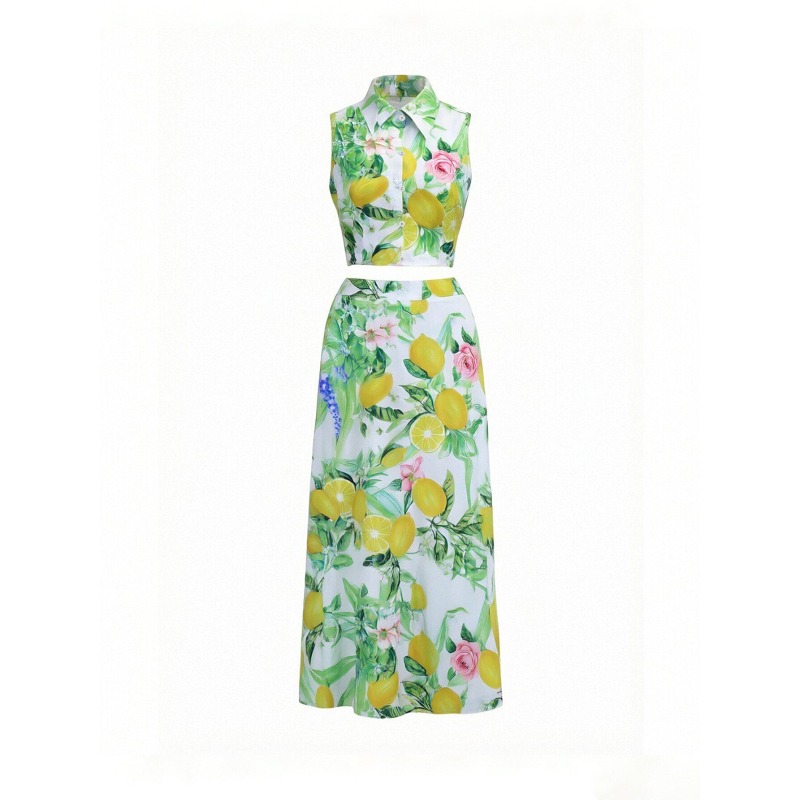 Ensemble deux pièces bohème chic pour femme : haut sans manches à col revers et jupe longue imprimée, idéal pour les fêtes et les vacances d'été