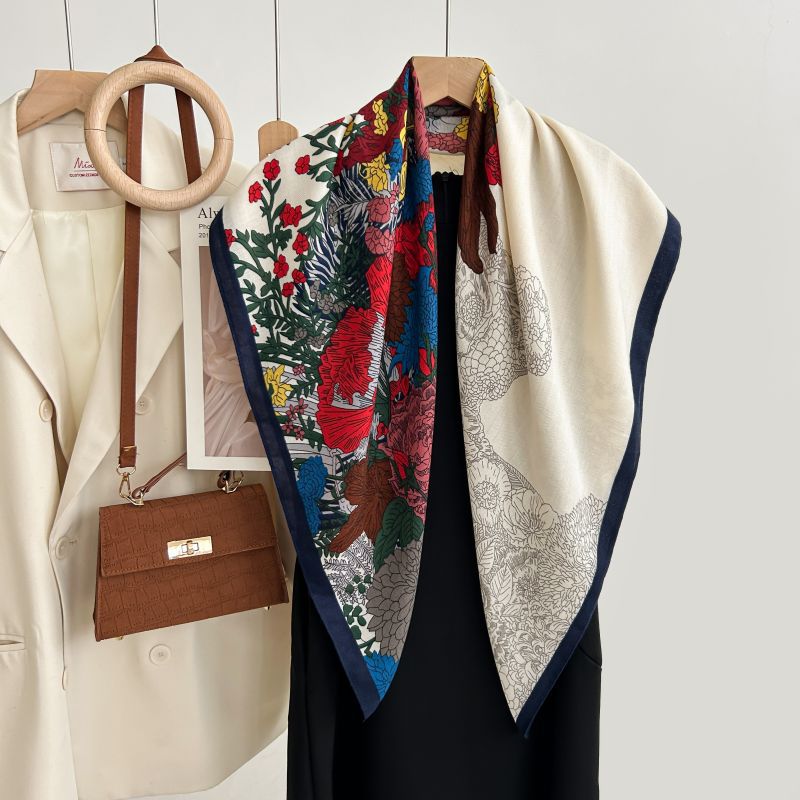 Écharpe carrée 90x90 cm pour femmes, style coréen, imprimé floral, imitation laine, châle élégant et chaud pour l'automne et l'hiver.