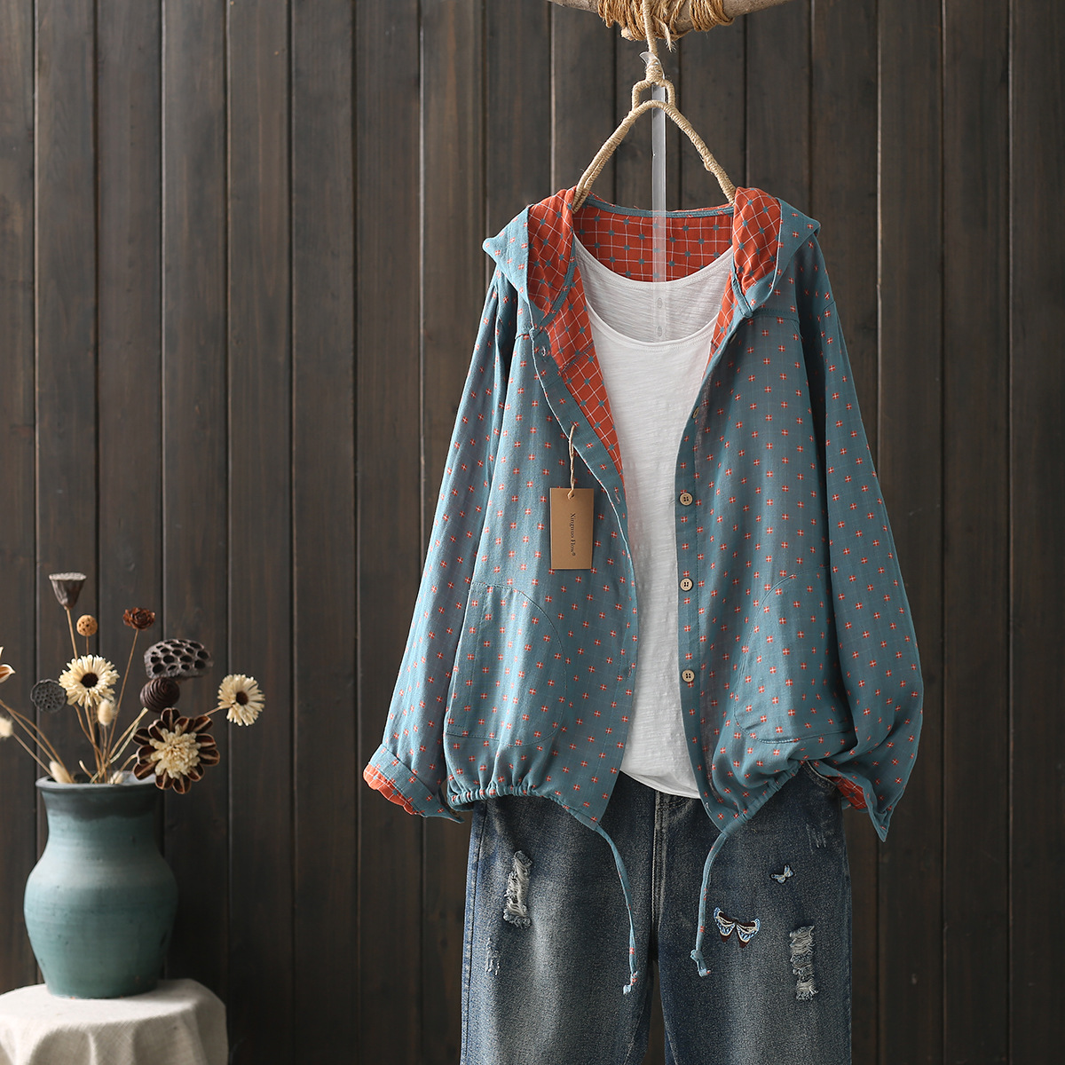 Chemise à Capuche et Manches sulfpour Femme, Chemisier de Grande Taille, Simple Boutonnage, Vêtements Ajustables, Automne et Printemps