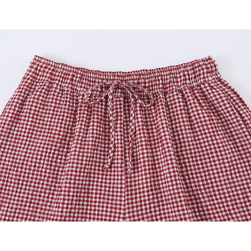 Pantalon Bloomers à cordon de serrage à carreaux rouges pour femmes, taille haute, coupe ample, pantalon d'été, sorties décontractées