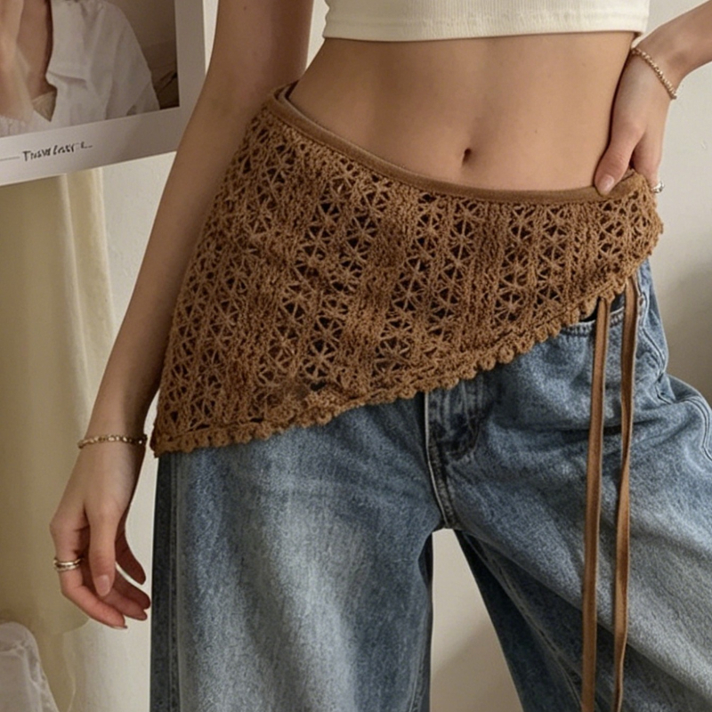 Écharpe triangulaire Y2K ajourée à franges pour femme, accessoire de superposition ajustable pour le printemps, polyvalente, à porter en ceinture ou à la hanche, tendance