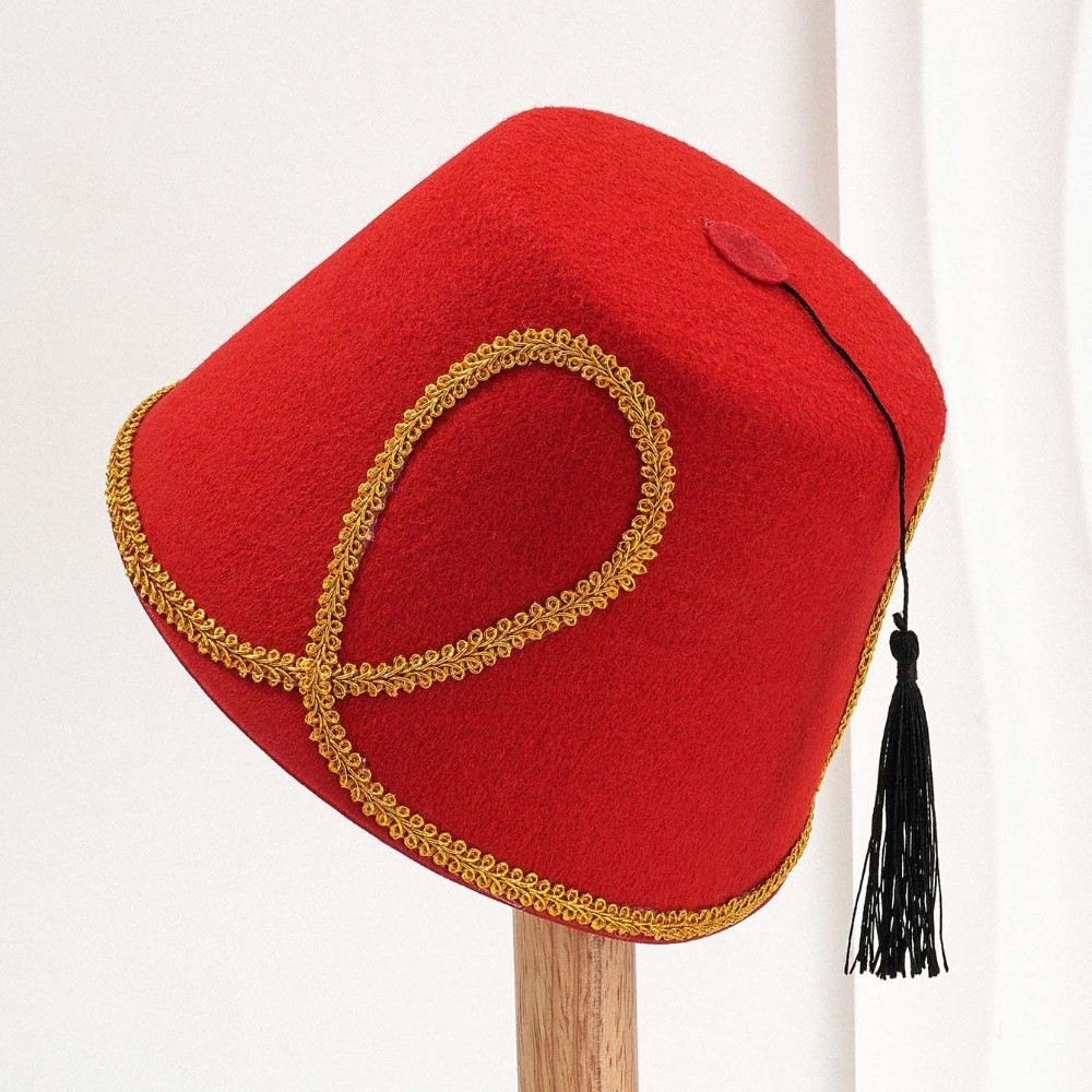 Chapeau Fez Turc Noir à Pompon en Feutre de Laine avec Bordure Dorée, Casquette Marocaine Taille Unique, Structure Rigide, Chapeaux de Fête en Feutre