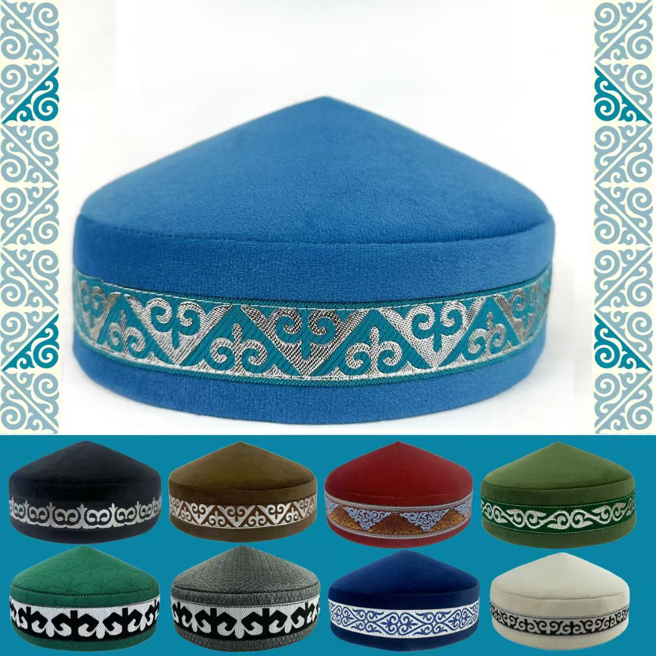 Kazakh chapeaux pour hommes brodés bleu vert noir à la main danse fête coton dubaï Kufi Hijab printemps casquettes élégant