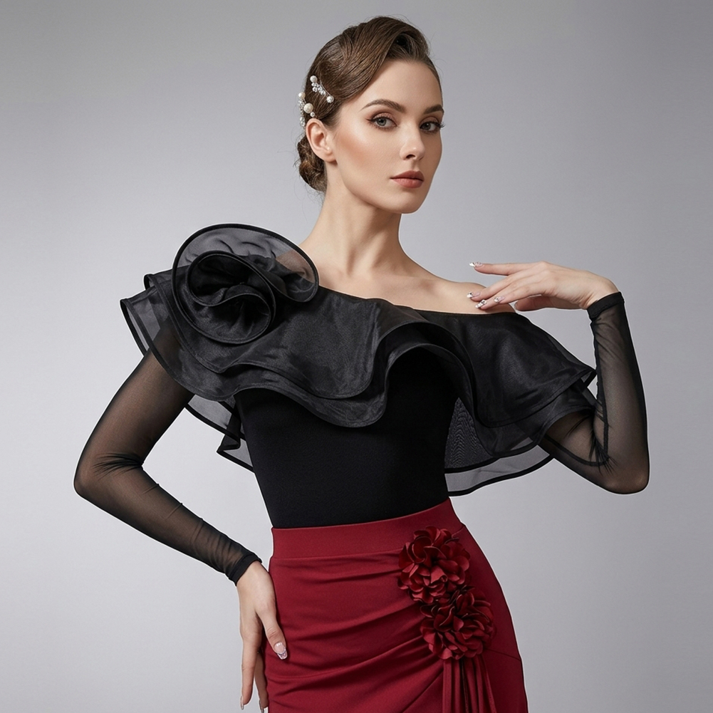 Hauts de danse de salon modernes Waltz pour femmes, châle à volants avec fleurs 3D, body moulant à manches longues, vêtements de danse d'entraînement en violet, rouge, bleu, noir.