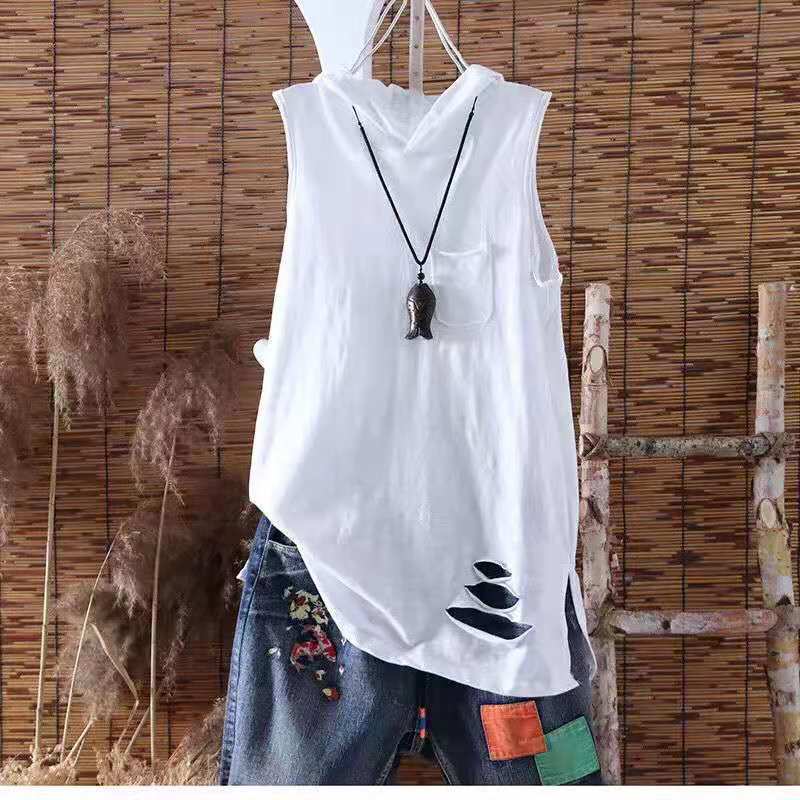 New Loose Hooded Sleeveless High Street Vest Summer Solid Loose Hole All-match Fashion T Shirt Tops Casual Trend Women Clothing