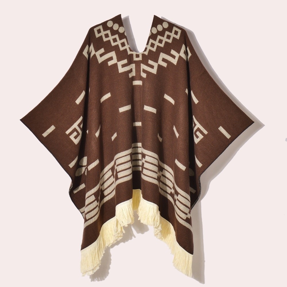 Cape d'hiver chaude et tendance de style western, imitation cachemire, tricotée épaisse, à franges, pull-over, manteau, grand châle pour femme et homme