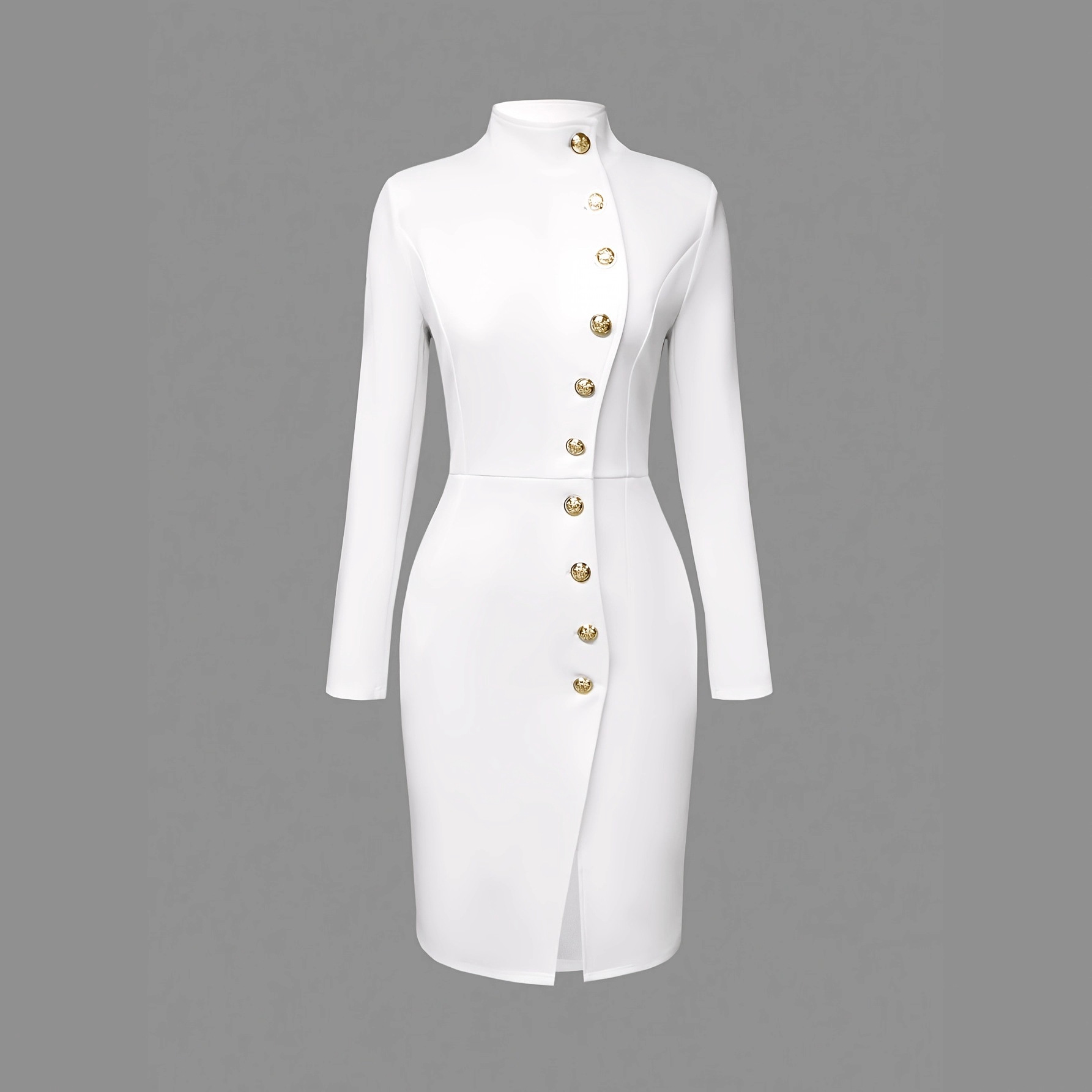 Robes pour femmes 2026 – Nouvelle collection automne-printemps – Robe mini moulante à manches longues, col montant, boutons métalliques et fente – Vêtements vestidoes