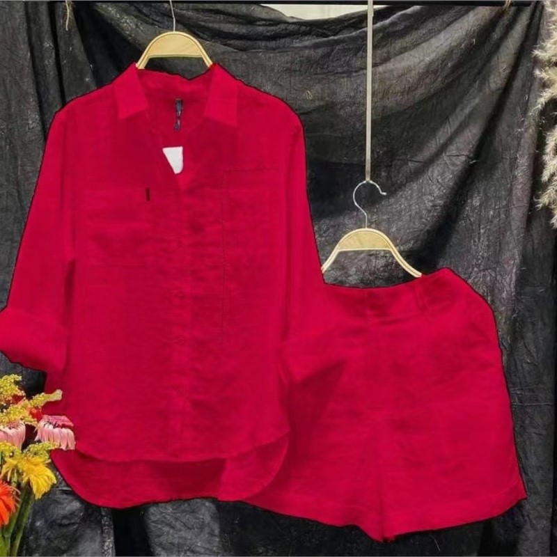 Ensemble d'été 2 pièces en coton et lin pour femmes, chemise et short blancs à manches longues, à la mode, pour la maison, survêtement, 2024