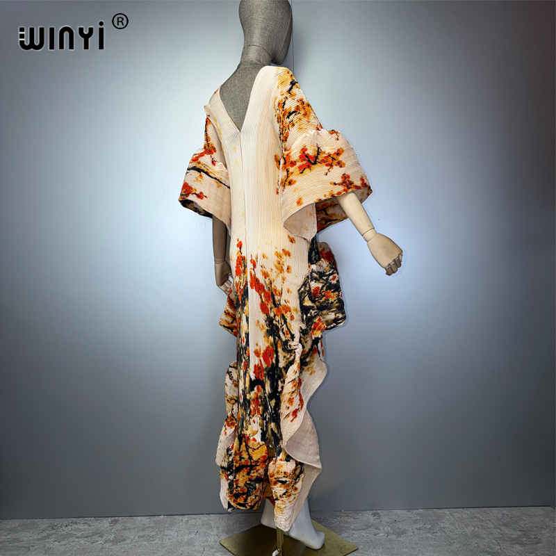 WINYI Robe plissée élastique et ajustée de style bohème pour femmes musulmanes, Kaftan Abaya, tenue de plage, longue robe de soirée de luxe de Dubaï