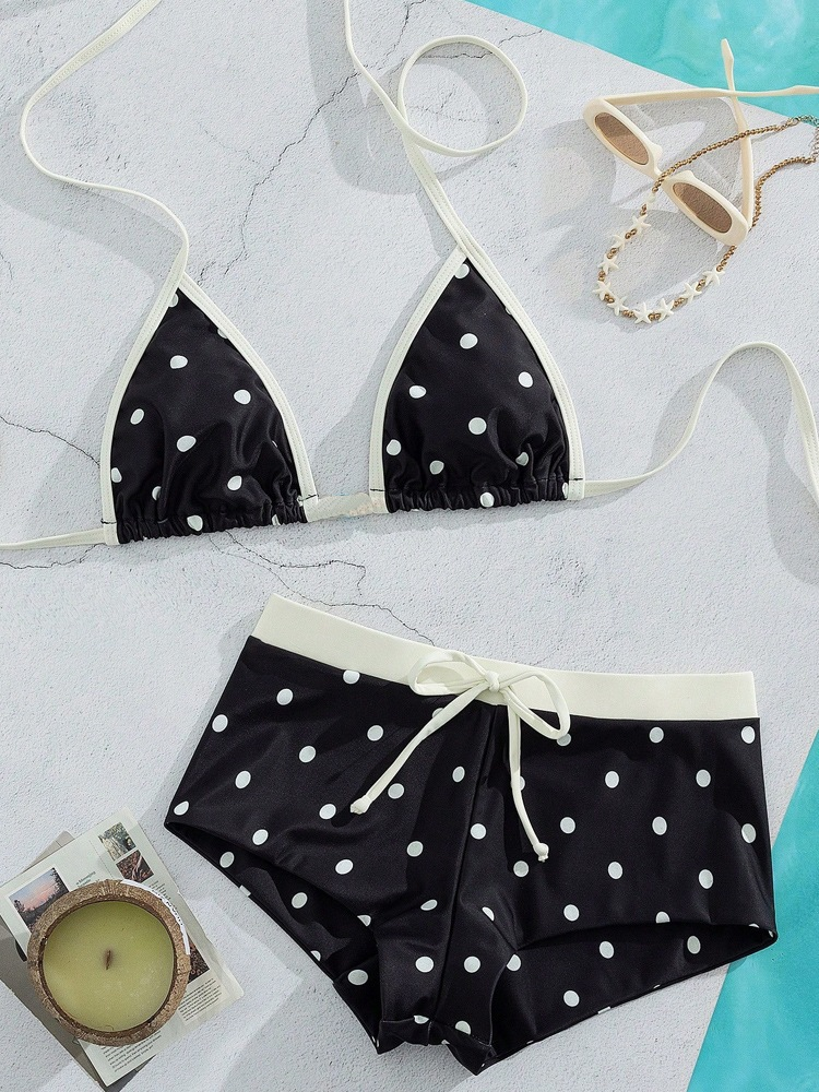 Ensemble bikini brésilien à pois pour femme, haut triangle sexy, dos exposé, bas string à fentes latérales, maillot de bain deux pièces