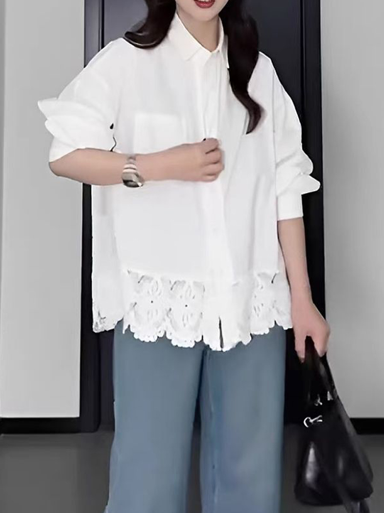 Chemisier blanc à manches longues pour femme, nouvelle collection été 2026, coupe oversize avec ourlet en dentelle, style coréen, décontracté, pour le bureau ou le travail