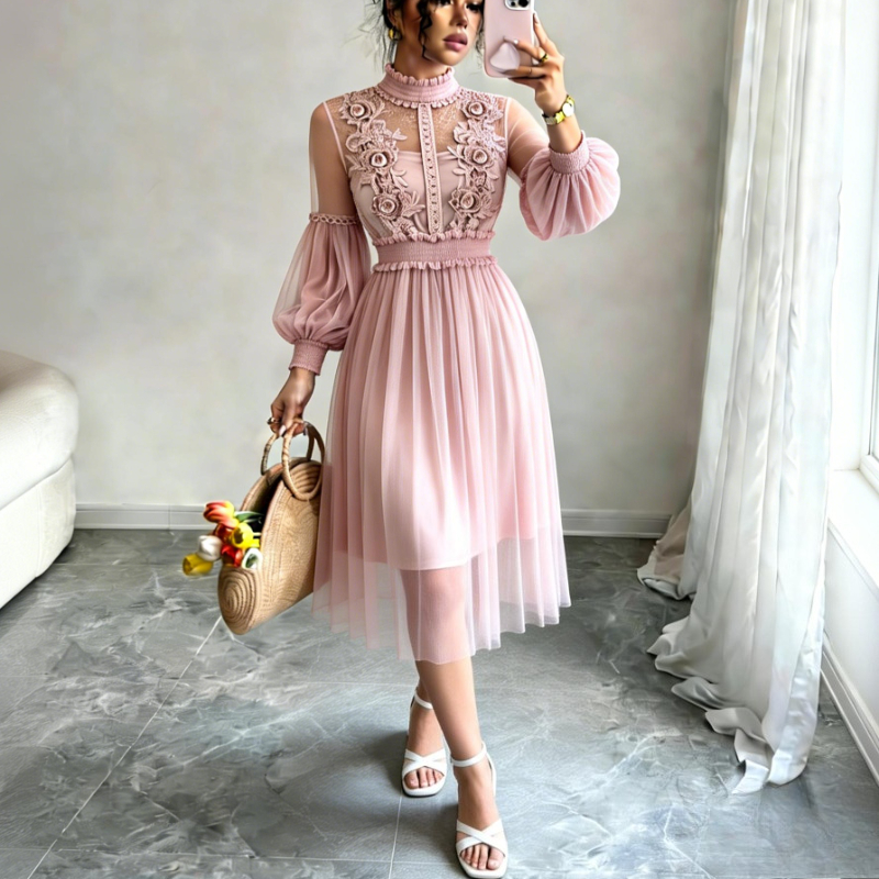 Robe midi en tulle rose poudré pour femme, col montant, broderie florale 3D, manches bouffantes, taille smockée, élégante pour soirée ou invitée de mariage