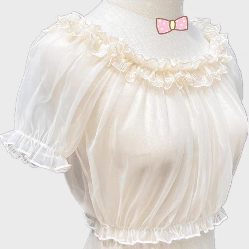 Chemisier transparent en dentelle et maille, haut court Lolita, manches courtes, léger, chemise Lolita douce pour femmes, épaules dénudées, à volants en dentelle, été