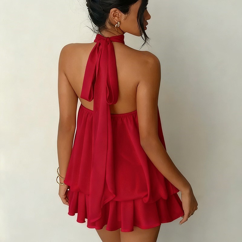 Robe de plage bohème pour femme, ensemble 2 pièces en mousseline, haut à col halter et jupe courte, collection été 2026, sexy et dos nu