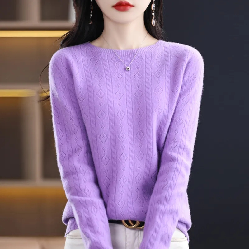 Pull en laine mérinos et cachemire pour femme, tricoté, col rond, manches longues, vêtements chauds, automne et hiver, 100%