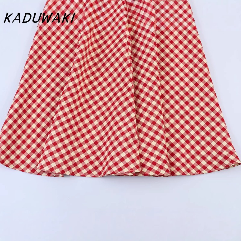 Jupe mi-longue élégante KADUWAKI pour femme, imprimé gingham rouge, coupe trapèze, ourlet évasé, taille haute, décontractée pour pique-niques et sorties en extérieur